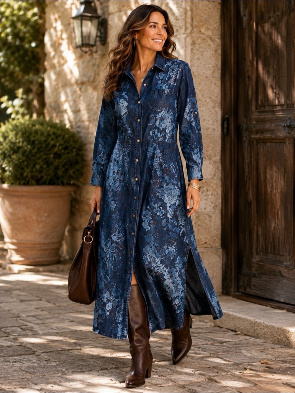 Chico’s Floral Denim Button Front Maxi Shirt Dress Blue Size 1.5P Petite - Picture 1 of 6
